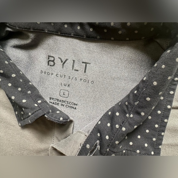 BYLT Grey Lux Drop Cut 3 Button Polo Mens Sz L Black & White Polkadot Collar - Picture 2 of 5